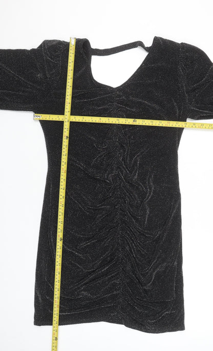 Wallis Women’s Black Glitter Ruched Bodycon Knee Length Dress Size 14