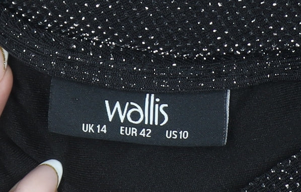 Wallis Women’s Black Glitter Ruched Bodycon Knee Length Dress Size 14