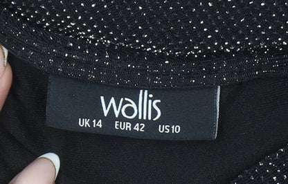 Wallis Women’s Black Glitter Ruched Bodycon Knee Length Dress Size 14