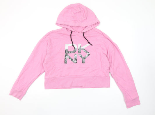 DKNY Sport Women Pink Hoodie Cotton Pullover Size M Logo Print