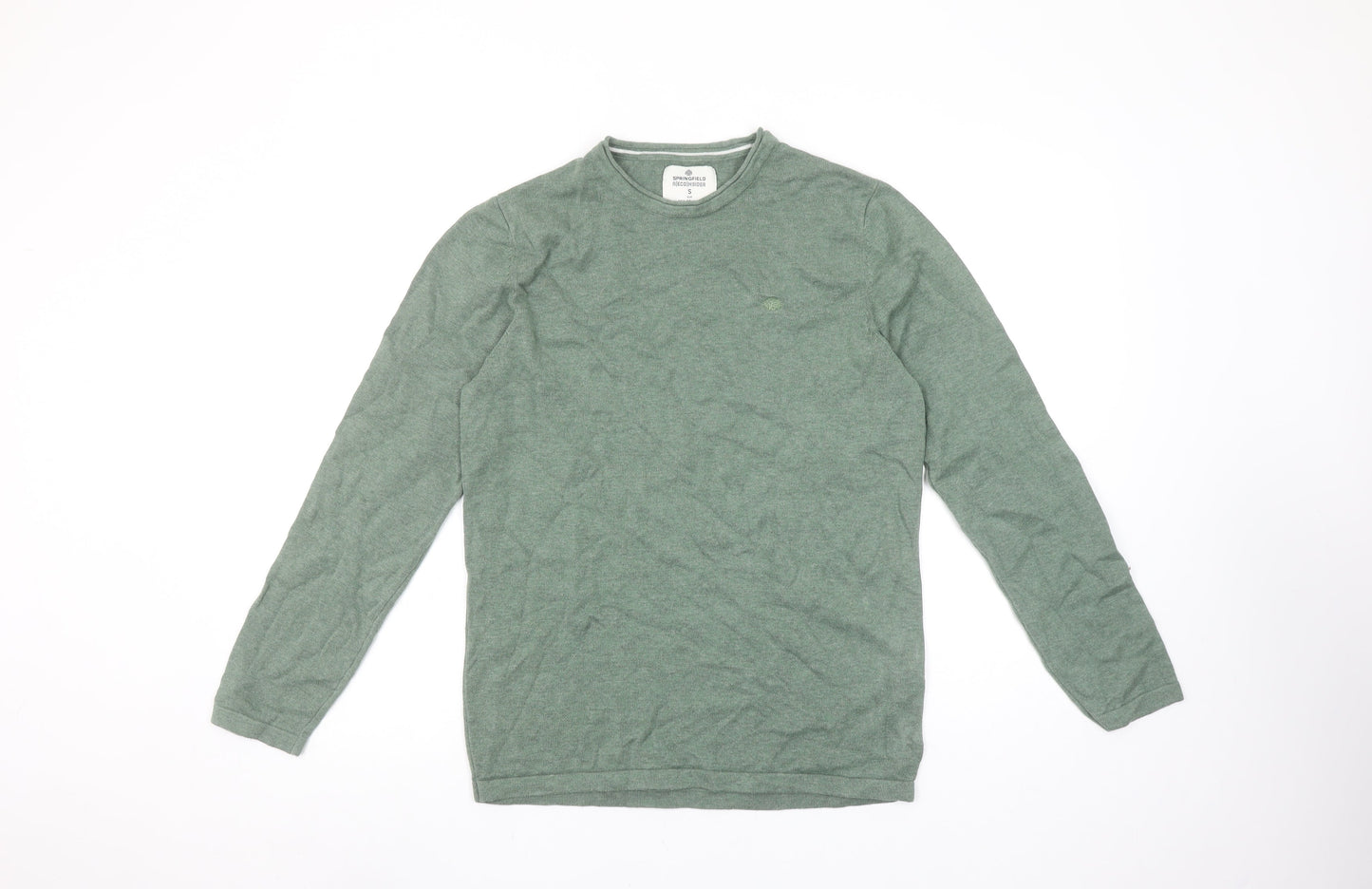 Springfield Men's Green Cotton Crew Neck Pullover Jumper Size S