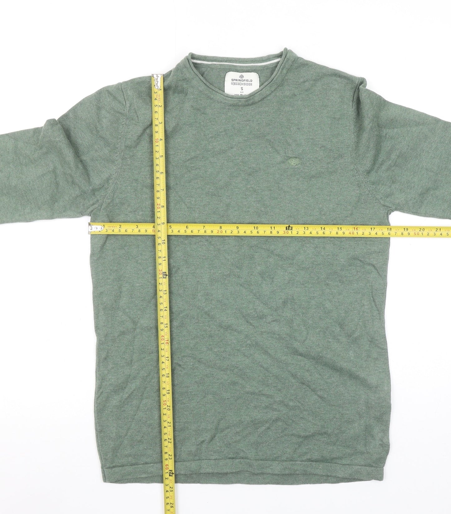 Springfield Men's Green Cotton Crew Neck Pullover Jumper Size S