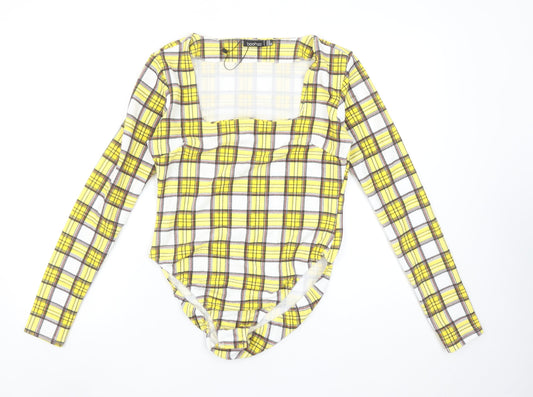 Boohoo Women's Yellow Check Long Sleeve Square Neck Bodysuit Size 14