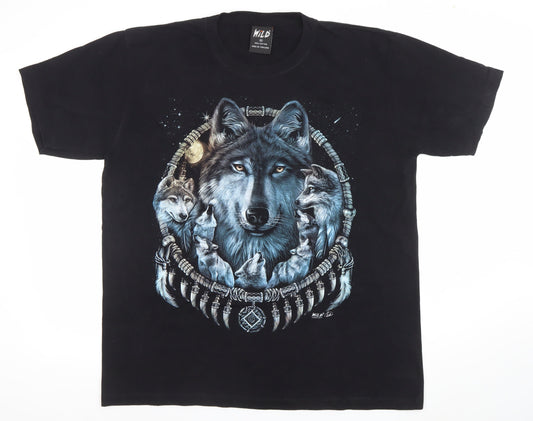 Wild Mens Black XL Wolf Dreamcatcher Graphic Cotton T-Shirt