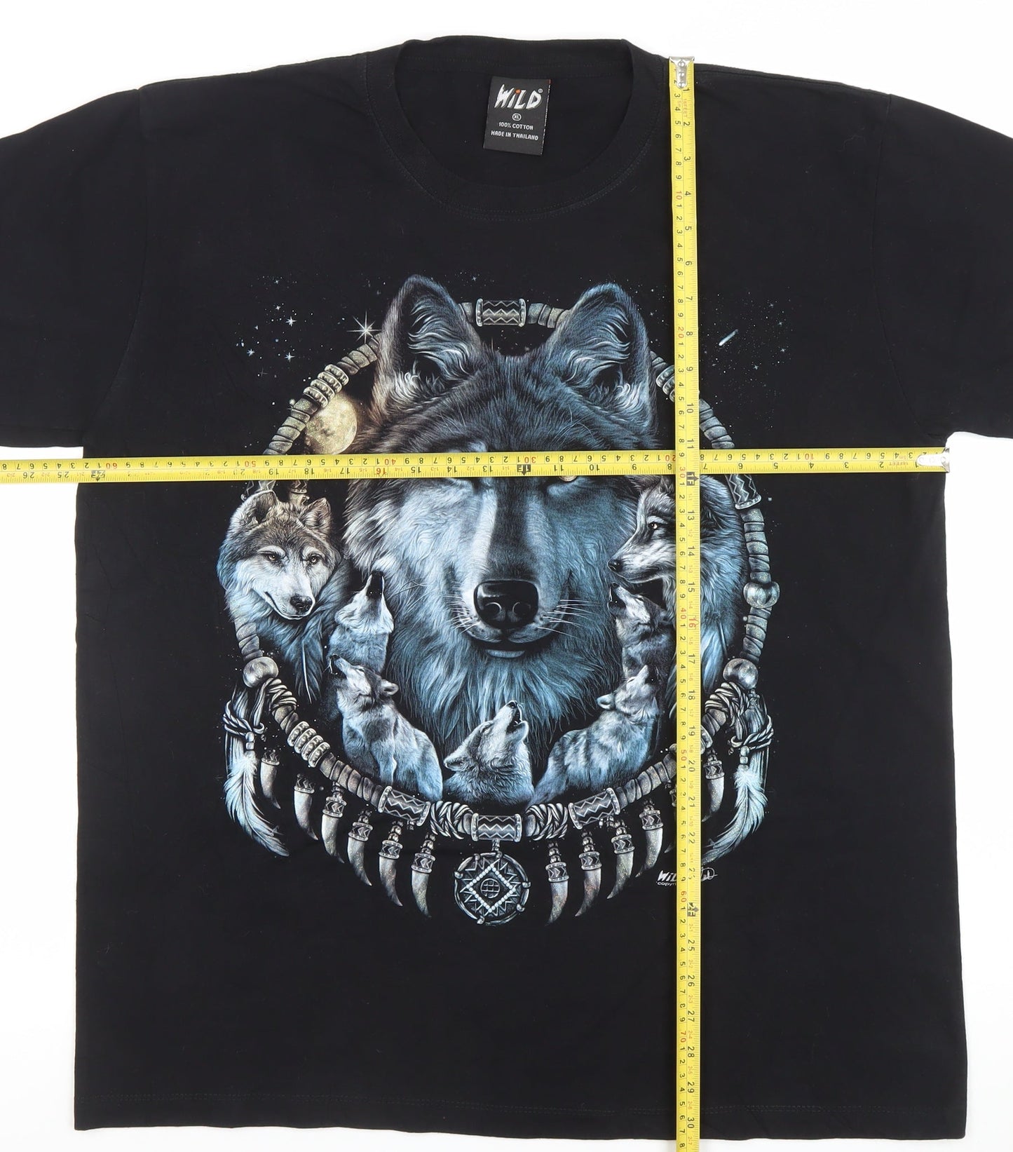 Wild Mens Black XL Wolf Dreamcatcher Graphic Cotton T-Shirt