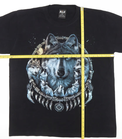 Wild Mens Black XL Wolf Dreamcatcher Graphic Cotton T-Shirt