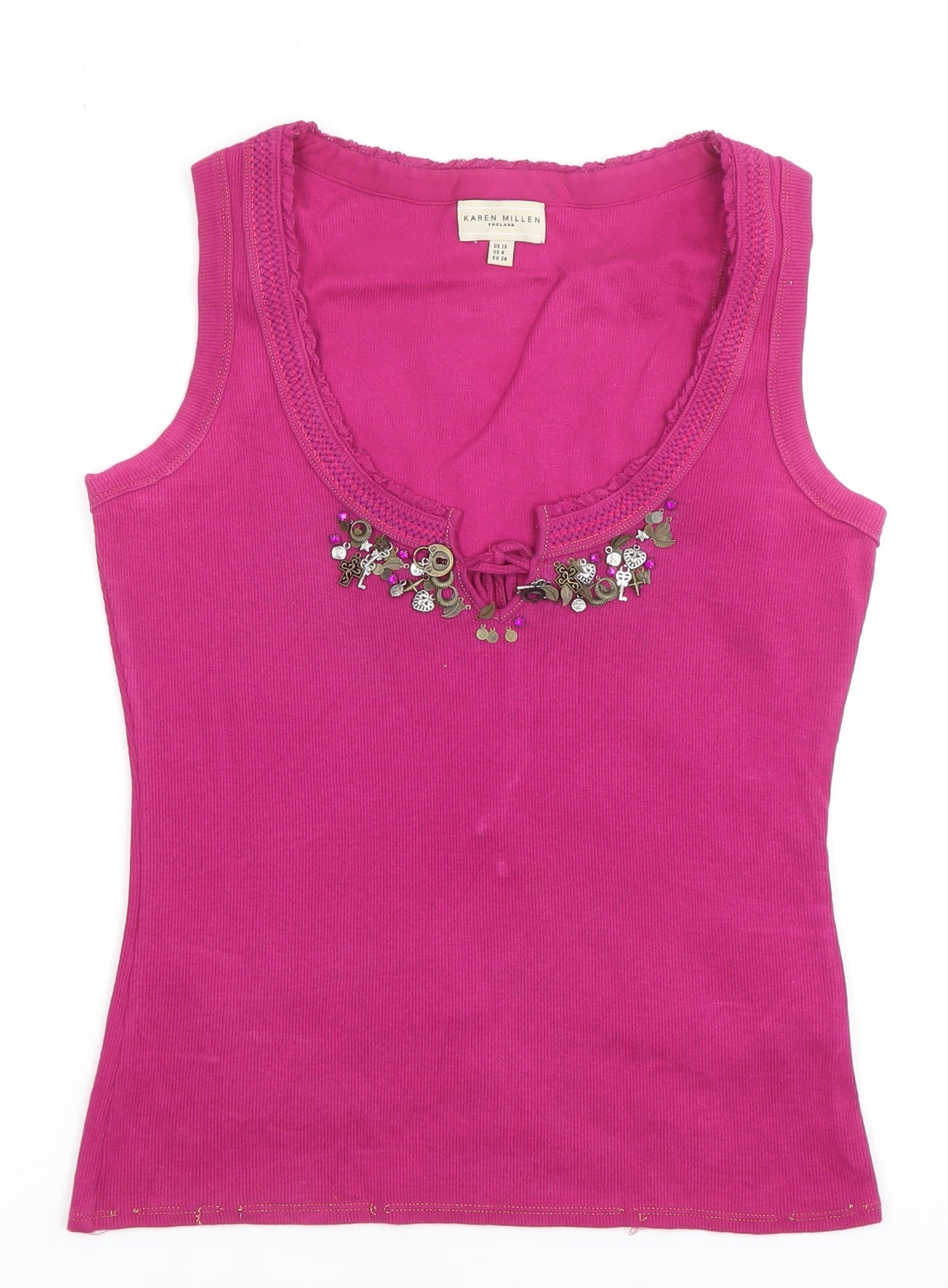 Karen Millen Womens Pink Embellished Scoop Neck Cotton Tank Top Size 10