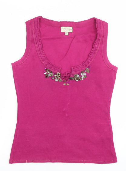 Karen Millen Womens Pink Embellished Scoop Neck Cotton Tank Top Size 10