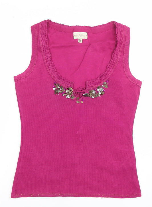 Karen Millen Womens Pink Embellished Scoop Neck Cotton Tank Top Size 10