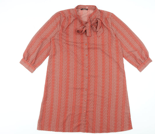 ONLY Women Red Chevron Shift Dress Size 10 Bow Neck 3/4 Sleeve