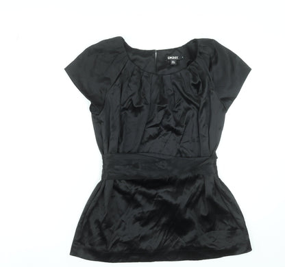 DKNY Women’s Black Silk Wrap Blouse Size 8 Short Sleeve Satin Top