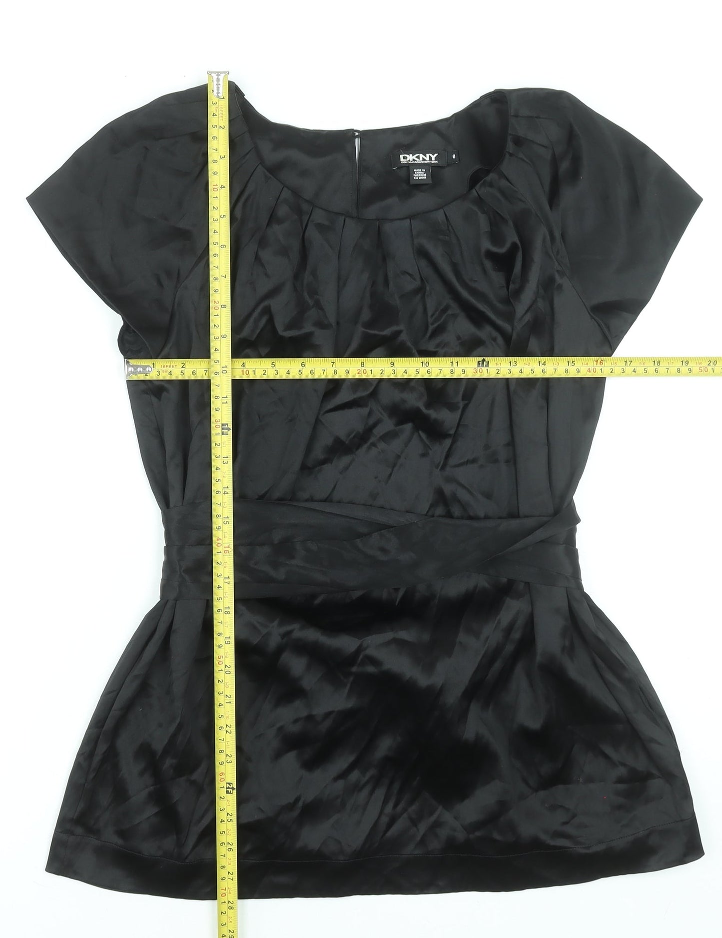 DKNY Women’s Black Silk Wrap Blouse Size 8 Short Sleeve Satin Top