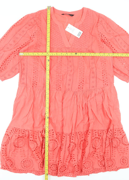 F&F Women’s Pink Cotton Embroidered V-Neck Knee Length Dress Size 12