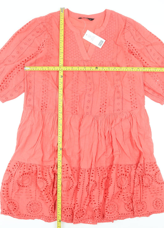 F&F Women’s Pink Cotton Embroidered V-Neck Knee Length Dress Size 12