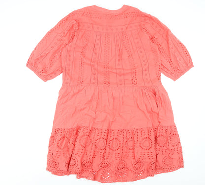 F&F Women’s Pink Cotton Embroidered V-Neck Knee Length Dress Size 12