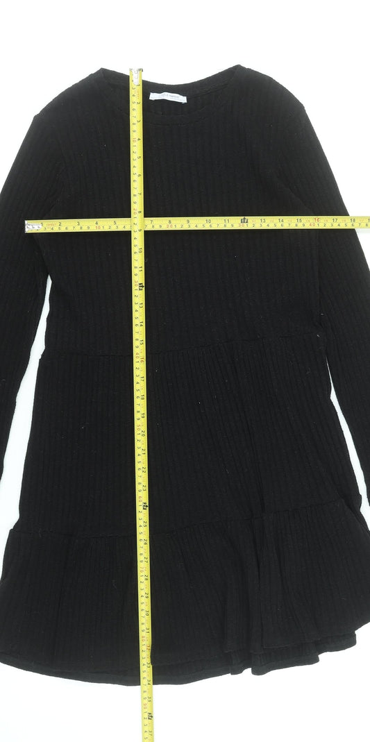 Zara Women Black Knit Trapeze Swing Dress Size M Long Sleeve