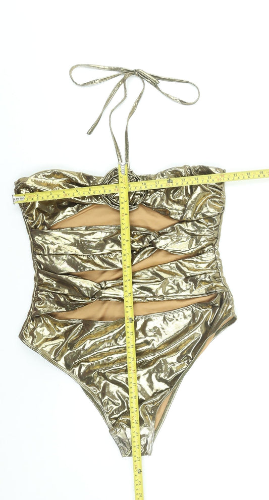 PrettyLittleThing Women’s Gold Metallic Halterneck Cut Out Bodysuit UK 16