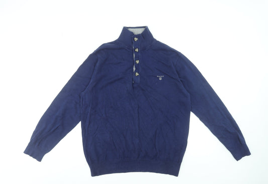 Gant Men’s Blue Cotton Henley Jumper L High Neck Classic Knit