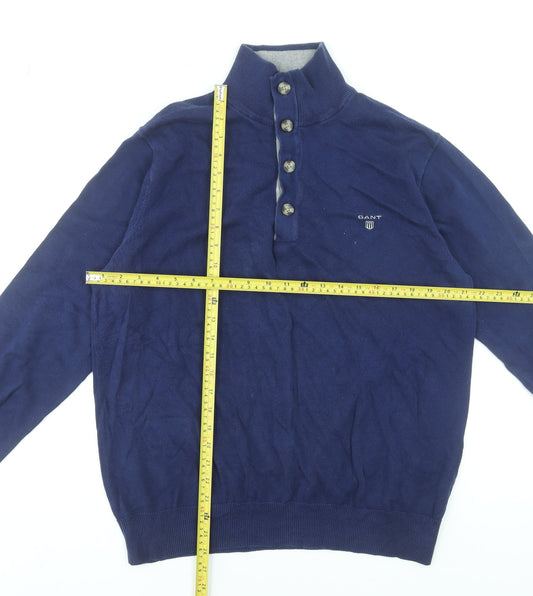 Gant Men’s Blue Cotton Henley Jumper L High Neck Classic Knit