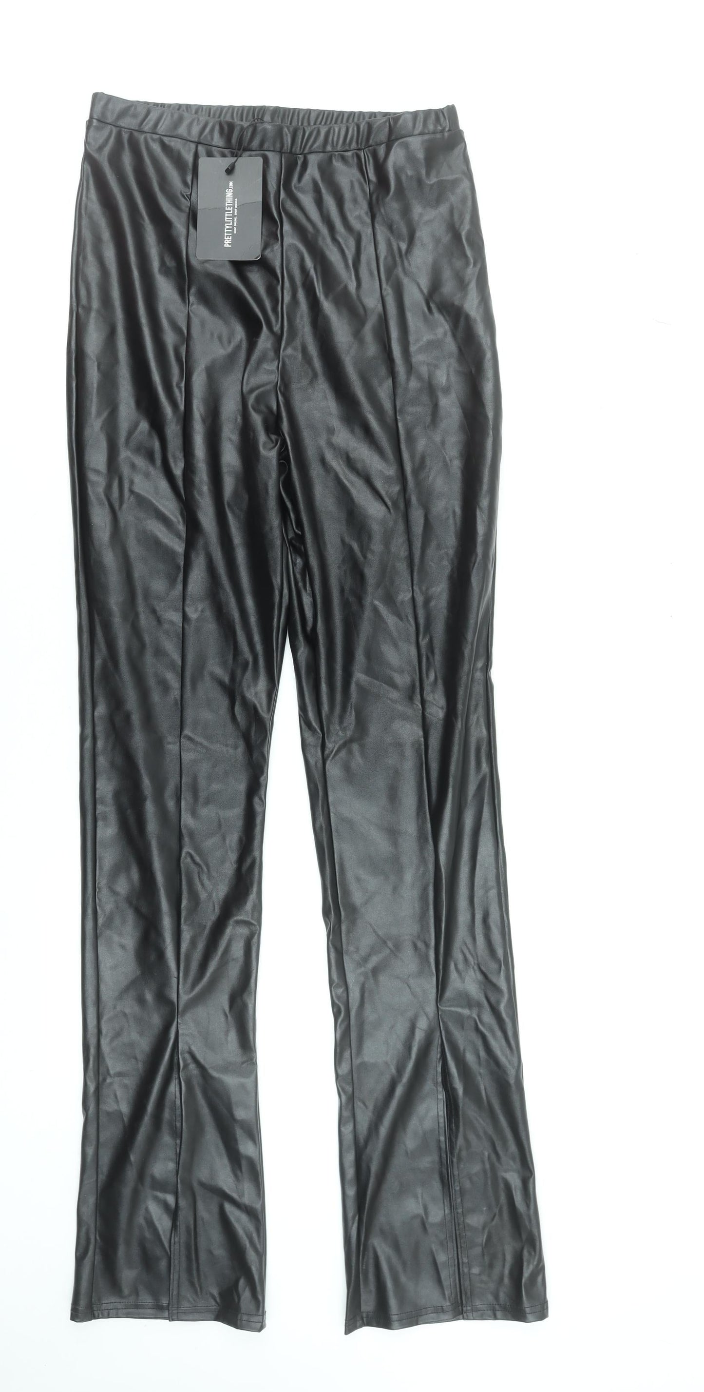 Pretty Little Thing Women's Black Faux Leather Straight Trousers Size 12