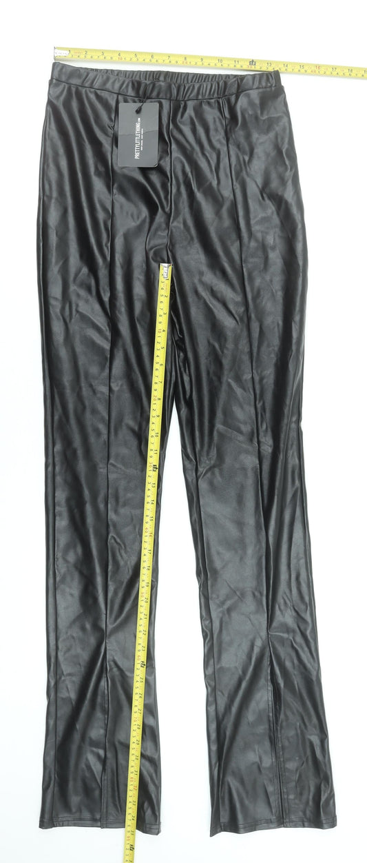 Pretty Little Thing Women's Black Faux Leather Straight Trousers Size 12