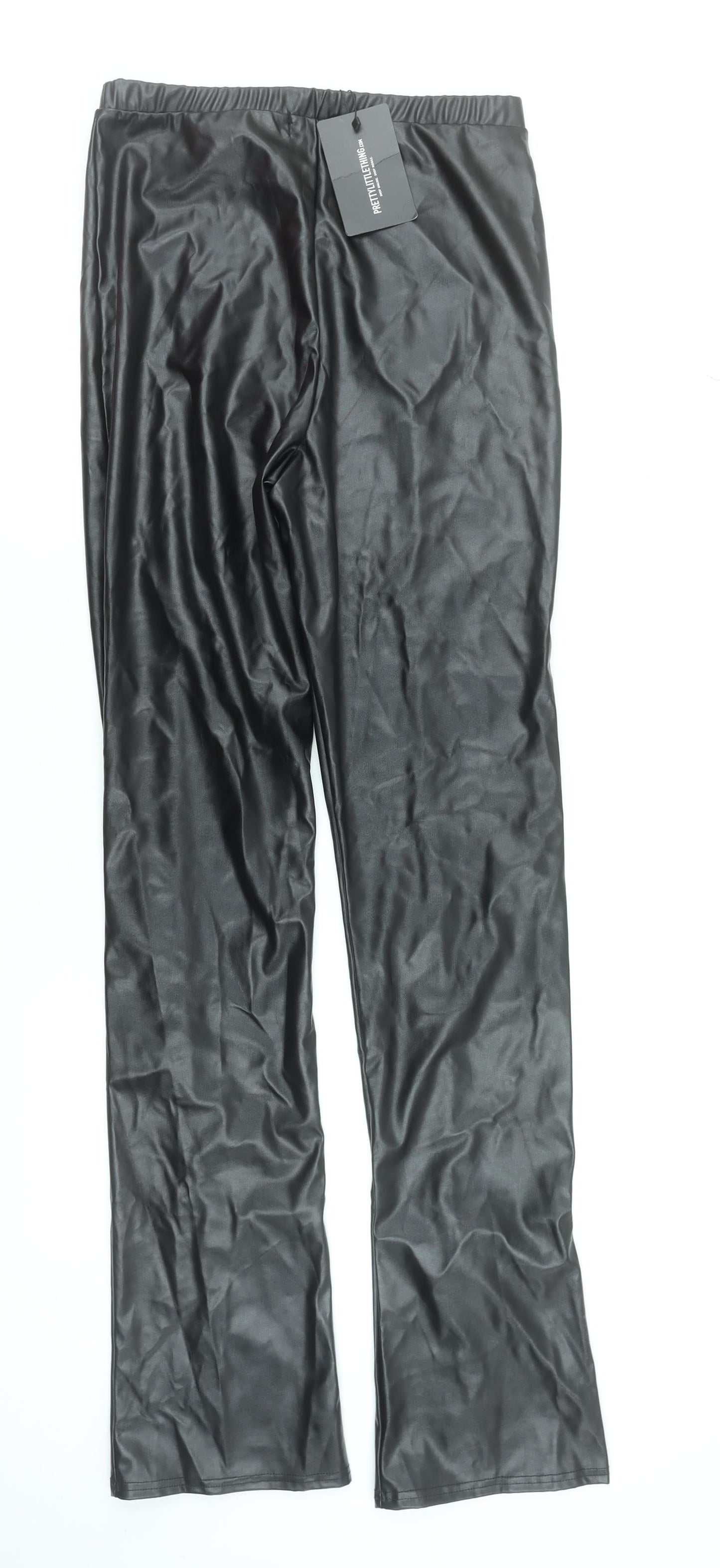Pretty Little Thing Women's Black Faux Leather Straight Trousers Size 12