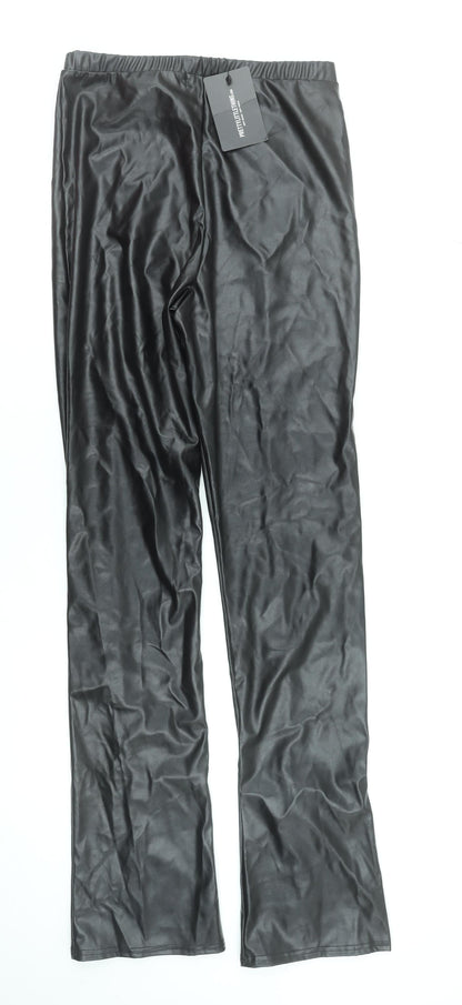 Pretty Little Thing Women's Black Faux Leather Straight Trousers Size 12