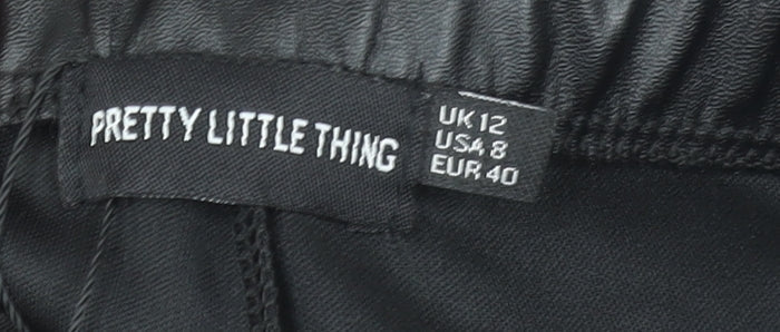 Pretty Little Thing Women's Black Faux Leather Straight Trousers Size 12