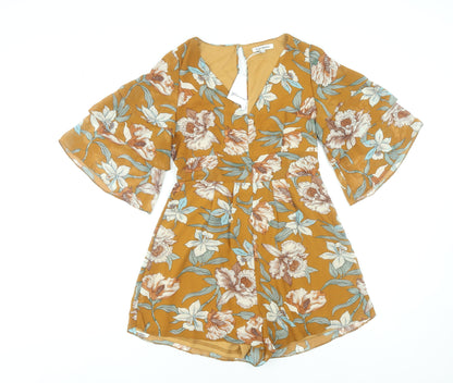 Glamorous Women’s Brown Floral 3/4 Sleeve V-Neck Playsuit Size 12