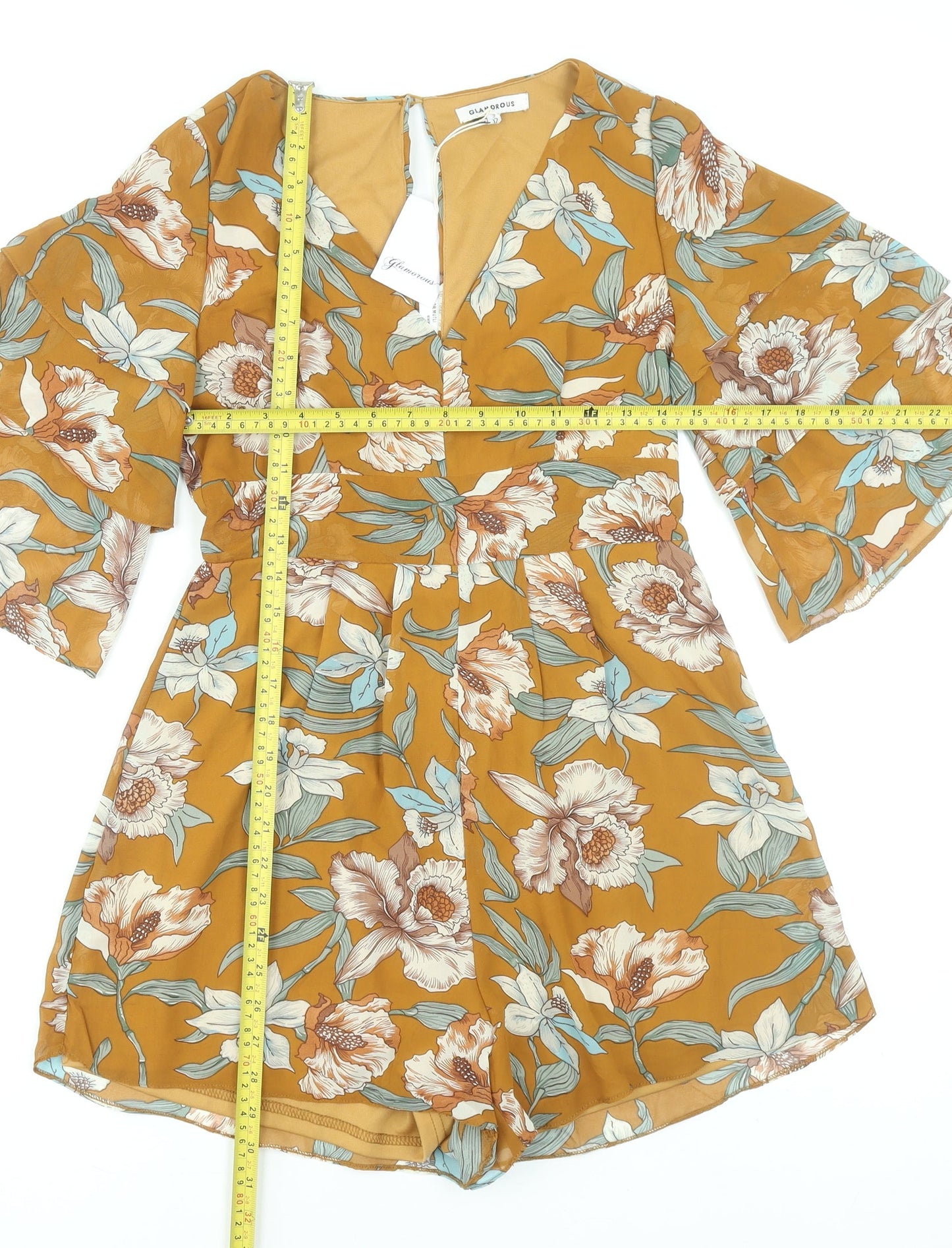 Glamorous Women’s Brown Floral 3/4 Sleeve V-Neck Playsuit Size 12