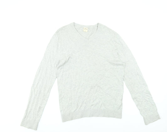 Hollister Men's Grey V-Neck Cotton Blend Pullover Jumper Size S