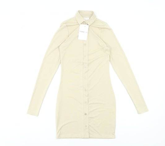Femme Luxe Women’s Beige Button Front Collared Shirt Dress Size 6