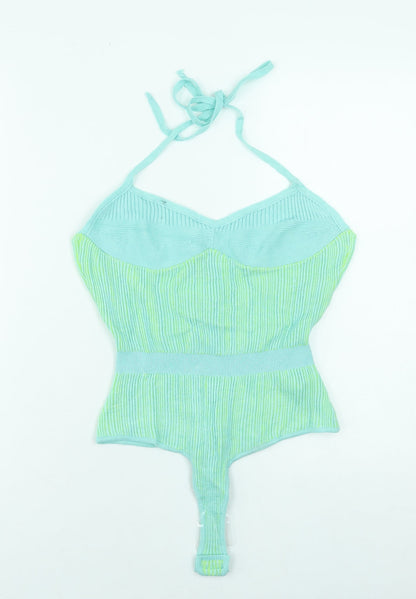 PrettyLittleThing Women Green Knit Halter Bodysuit L Slim Fit Summer
