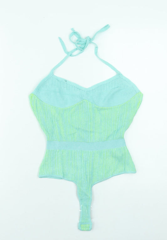 PrettyLittleThing Women Green Knit Halter Bodysuit L Slim Fit Summer