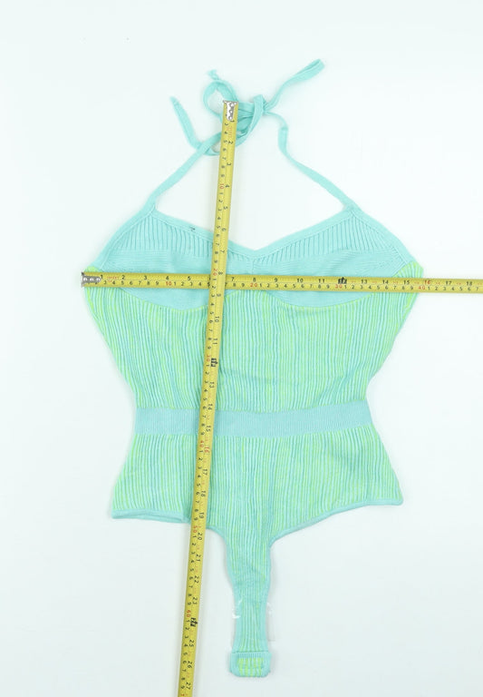 PrettyLittleThing Women Green Knit Halter Bodysuit L Slim Fit Summer
