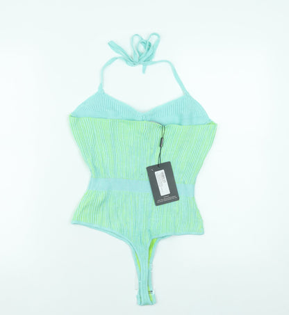 PrettyLittleThing Women Green Knit Halter Bodysuit L Slim Fit Summer