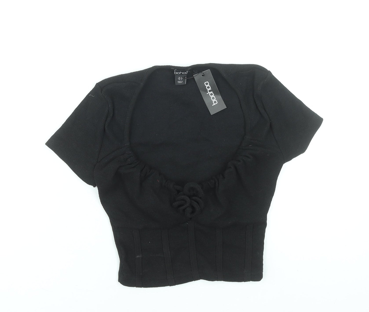 Boohoo Women’s Black Cropped T-Shirt UK 8 Short Sleeve Stretch Top