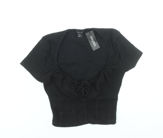 Boohoo Women’s Black Cropped T-Shirt UK 8 Short Sleeve Stretch Top