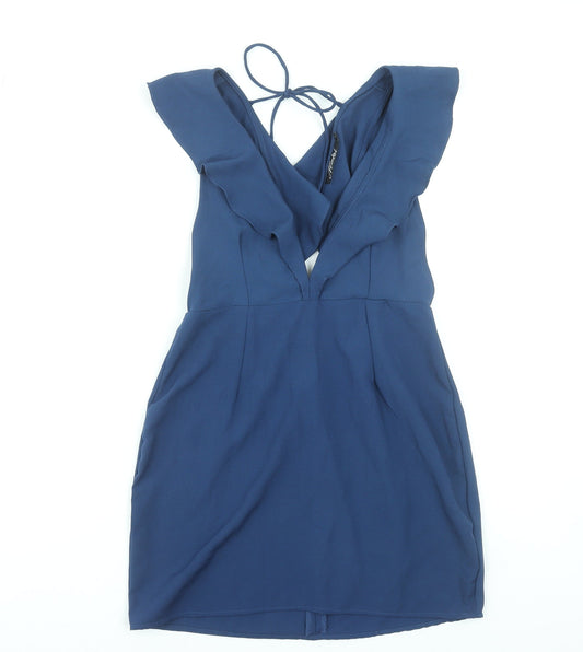 Motel Women’s Blue Short Ruffle V-Neck Bodycon Dress Size S