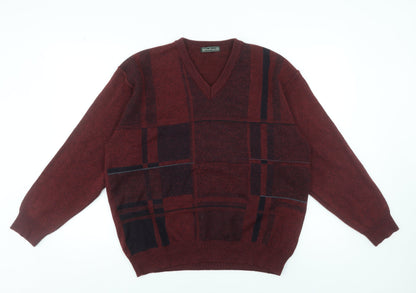 PierPoint Mens Red Check V-Neck Wool Blend Pullover Jumper XL
