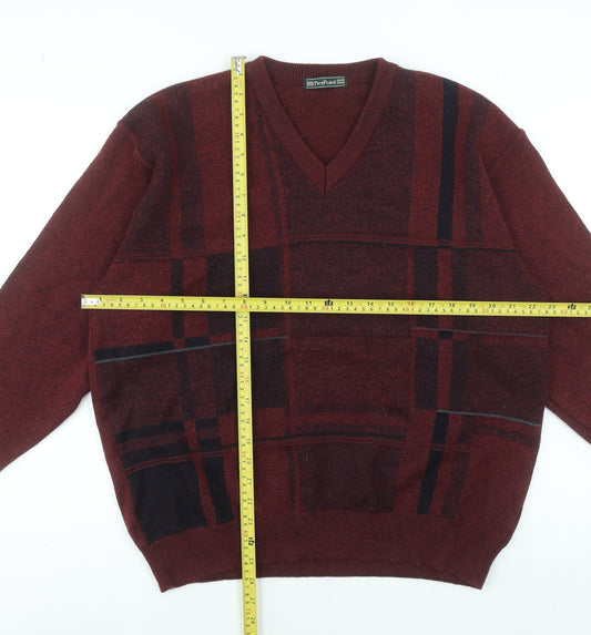 PierPoint Mens Red Check V-Neck Wool Blend Pullover Jumper XL