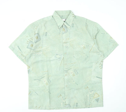Andros Men's Green Geometric Short Sleeve Button-Up Shirt L