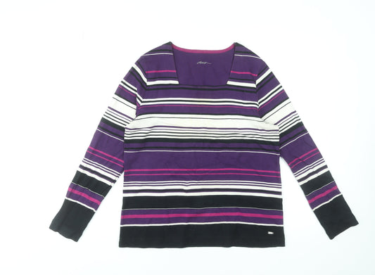 Dash Womens Purple Striped Long Sleeve Square Neck Cotton T-Shirt Size 14