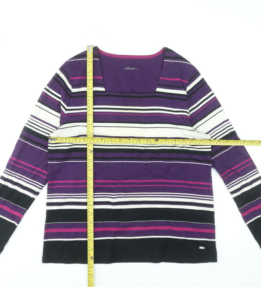 Dash Womens Purple Striped Long Sleeve Square Neck Cotton T-Shirt Size 14