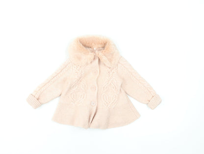 Monsoon Girls Beige Faux Fur Collar Cable Knit Cardigan 6-9 Months