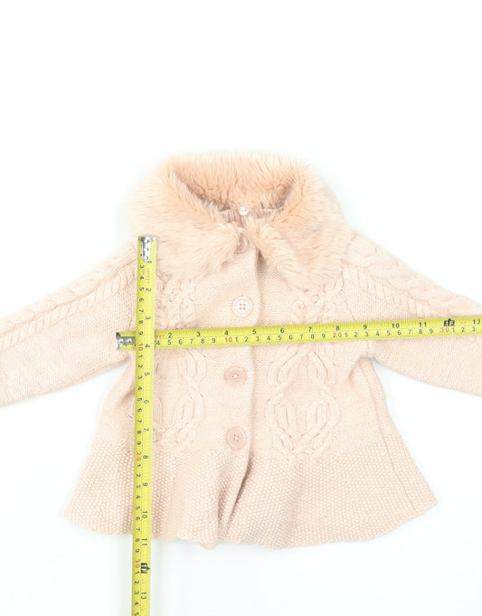 Monsoon Girls Beige Faux Fur Collar Cable Knit Cardigan 6-9 Months