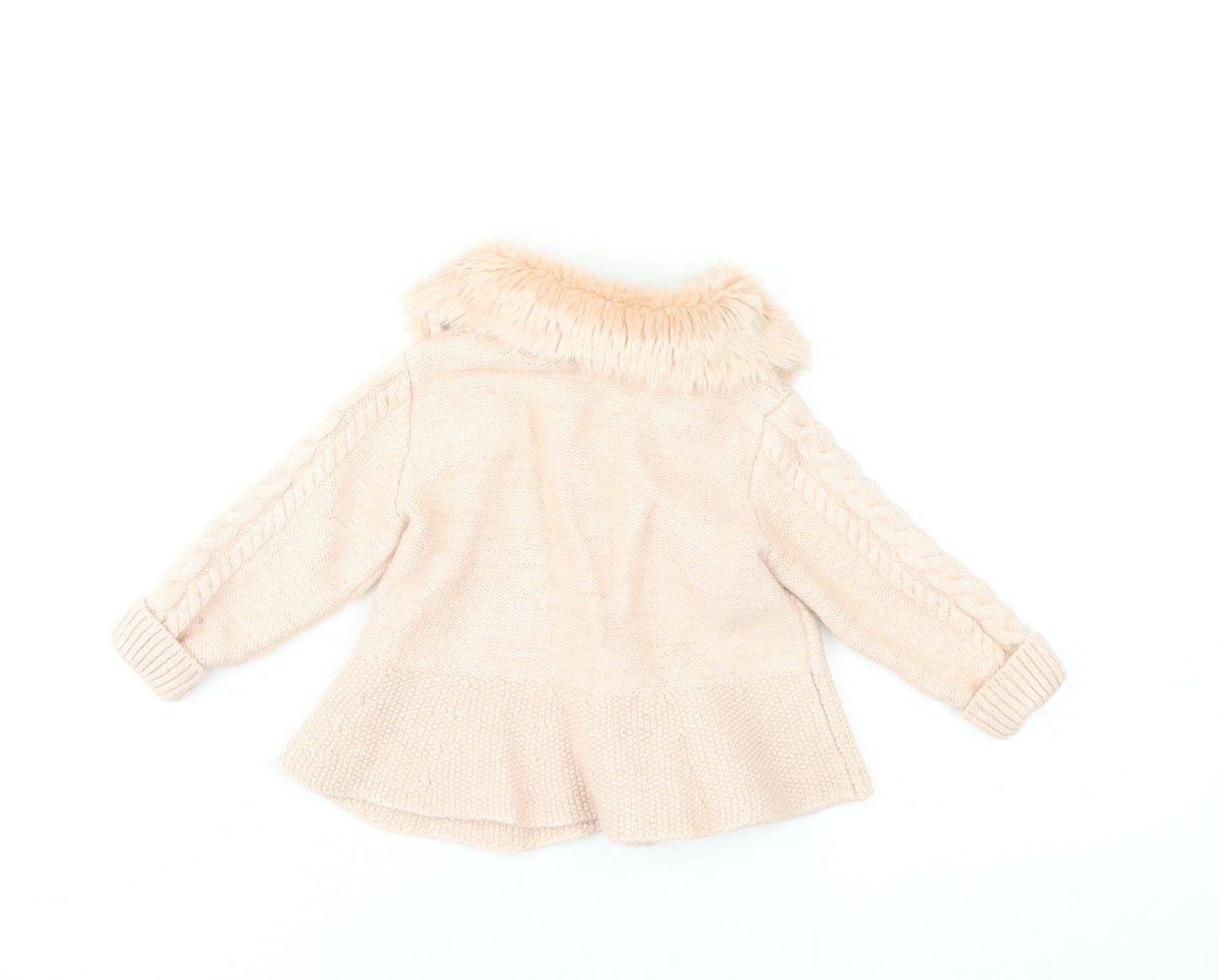 Monsoon Girls Beige Faux Fur Collar Cable Knit Cardigan 6-9 Months