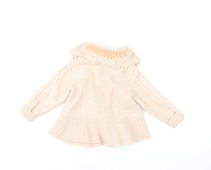 Monsoon Girls Beige Faux Fur Collar Cable Knit Cardigan 6-9 Months