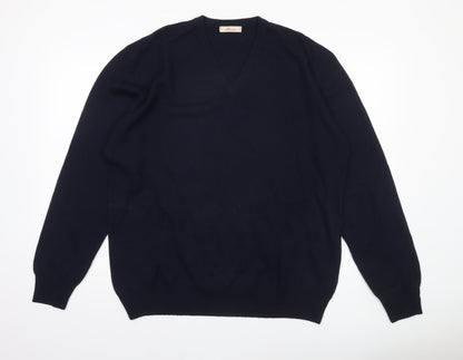 Merinos Men Blue 2XL V-Neck Wool Blend Pullover Jumper
