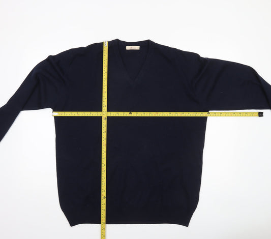 Merinos Men Blue 2XL V-Neck Wool Blend Pullover Jumper